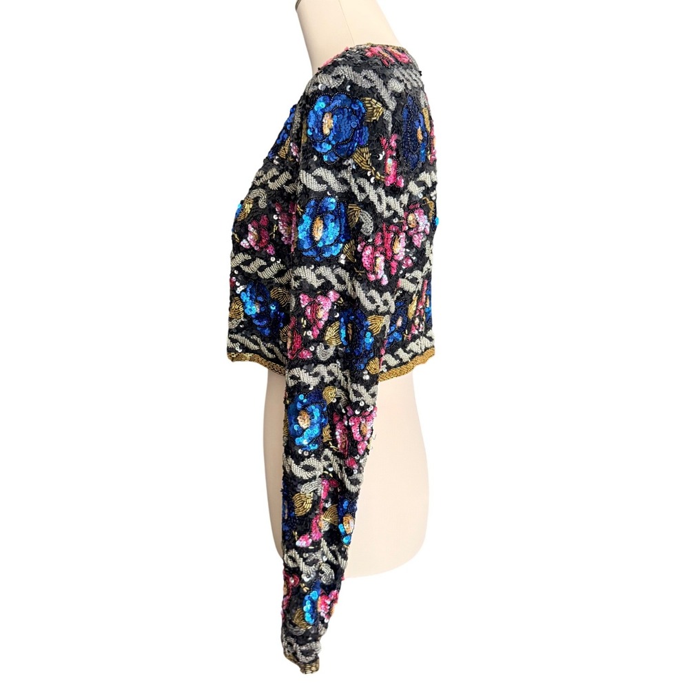 Vintage 80s Morgan Taylor Silk Sequin Jacket Size 6 Beaded Floral Bolero Evening - Picture 6 of 11